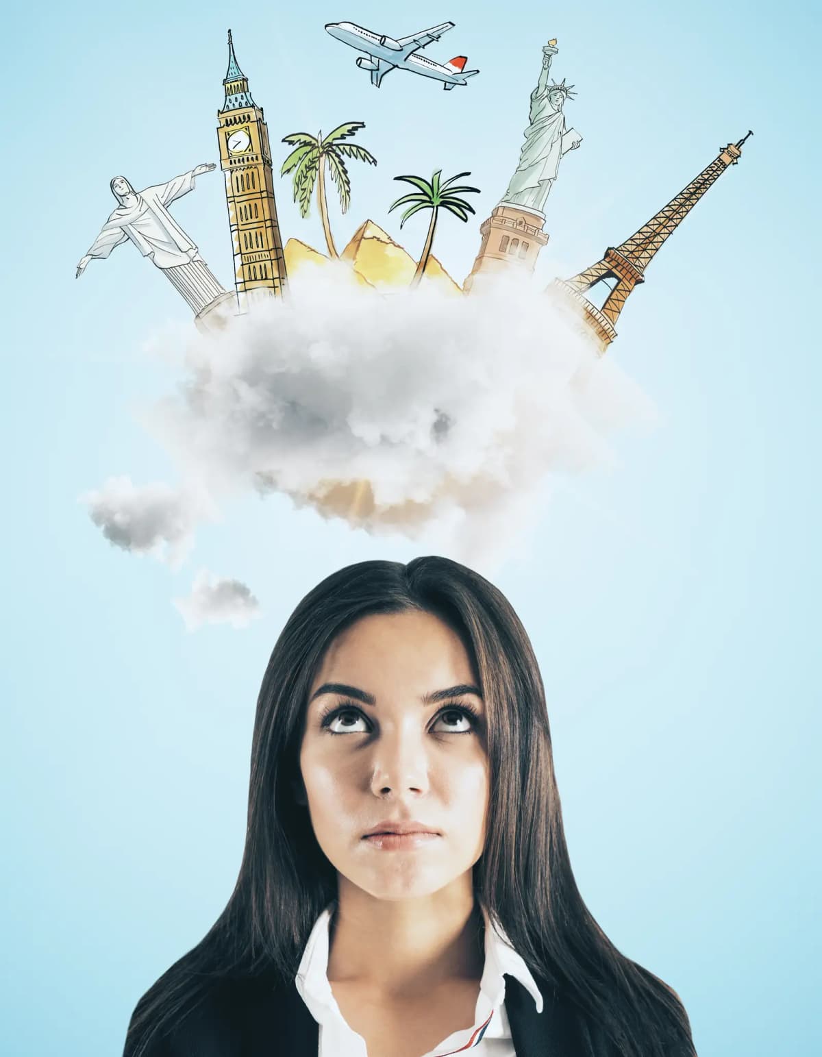 A person looking upward at a cluster of international landmark illustrations